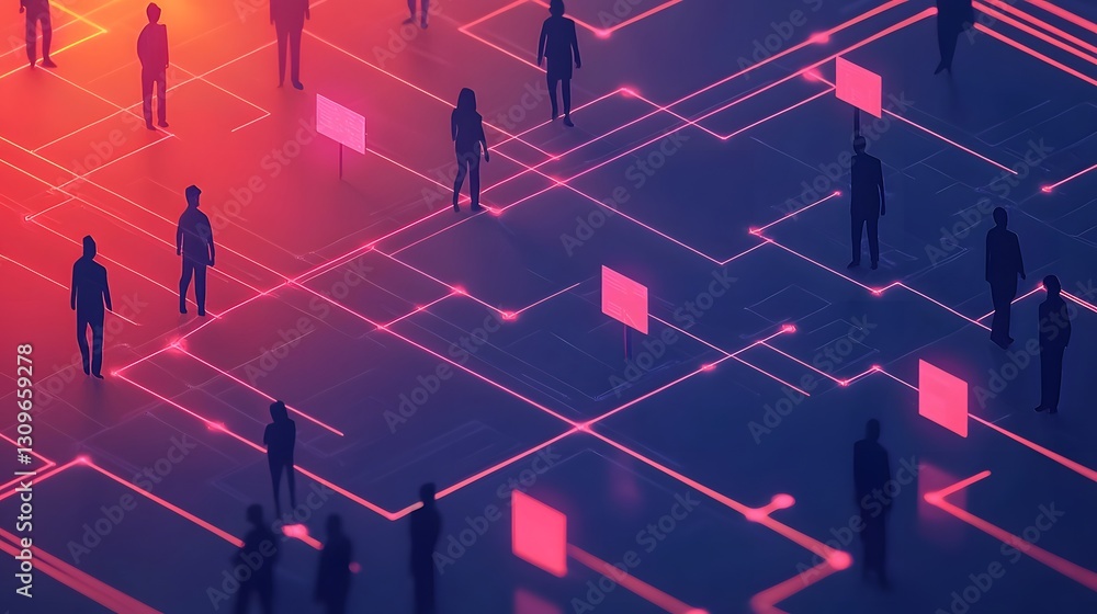 Poster vibrant data flow with focused individuals abstract digital visualization depicting a futuristic int