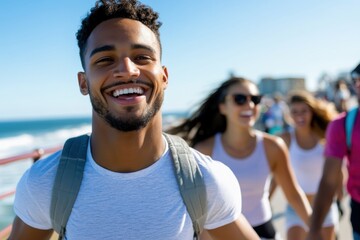 A group of young adults are joyfully walking along a beachside promenade, radiating happiness and camaraderie in the warm sunlight by the ocean waves.