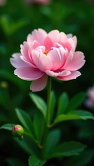 Obraz premium A delicate pink peony blooming in a lush green garden, blossoms, bloom