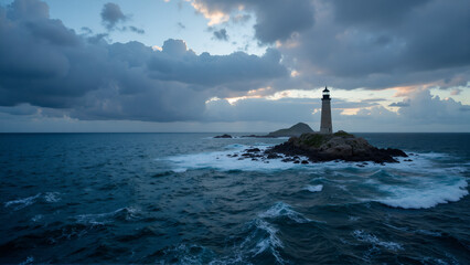 Solitary lighthouse standing firm against turbulent stormy seas under dramatic cloudy sky