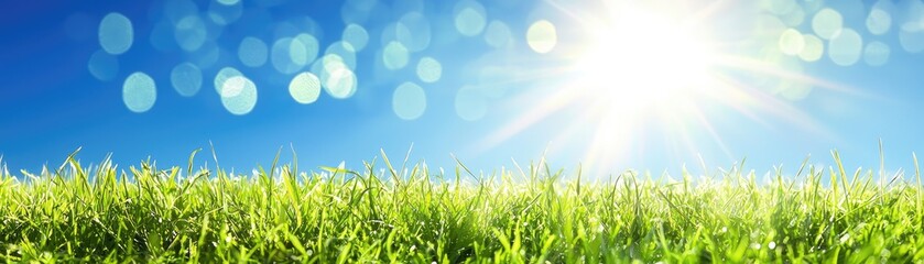 Obraz premium Sunny day, green grass, bokeh background. Spring nature scene. Website banner