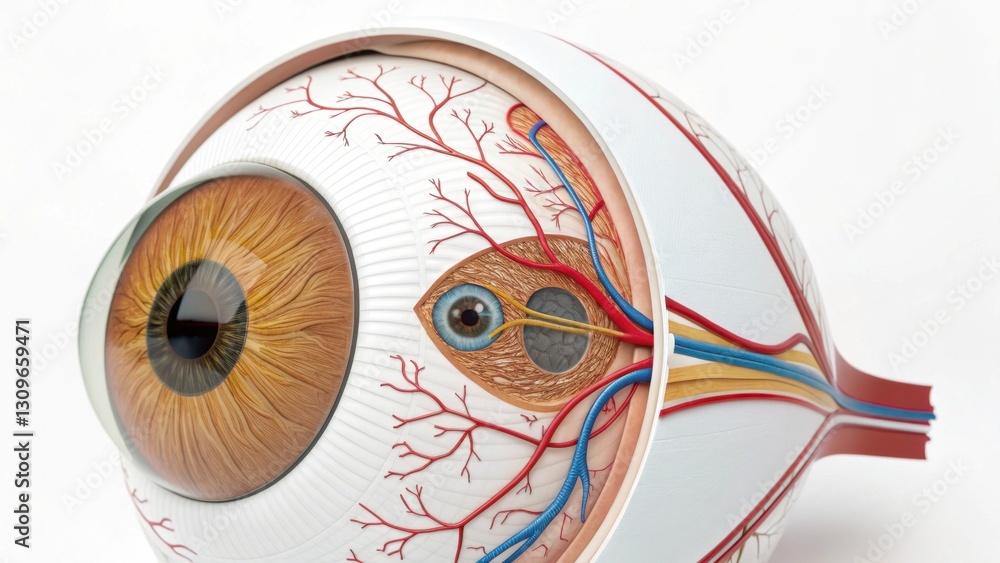 Poster a detailed anatomical model of an eye, showcasing intricate blood vessels and structures, highlighti