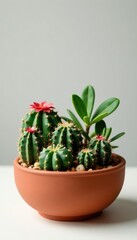 Fototapeta premium Cactus and succulents fill a shallow terracotta container, cactus, plants