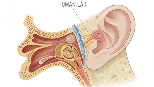 A detailed illustration of the human ear, showcasing its anatomy, including the outer ear, middle ear, and inner ear structures.