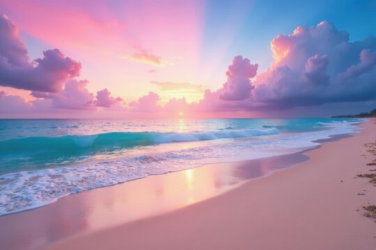 Calma y serenidad en la playa, con ondas suaves y un cielo de tonos pastel, playa, mar, morado