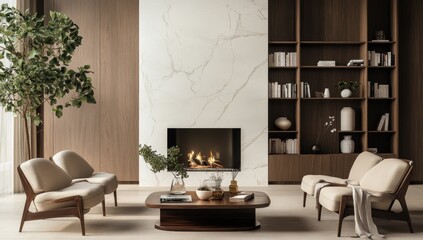 Modern living room with fireplace and built-in bookshelves.
