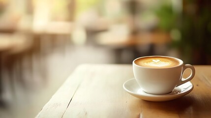 Latte art in a white cup on a wooden table in a cafe.