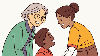Family Bonding Vector, Child with Grandparents, Generational Connection Art, Happy Family Moment, Cartoon Family Scene