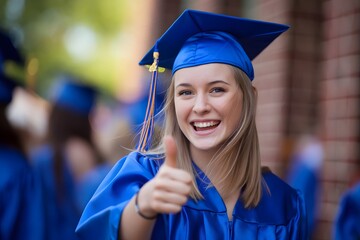 A joyful young woman in a blue graduation gown and cap gives a thumbs up. 
