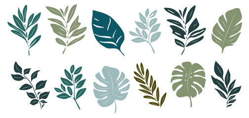 A collection of leafy plants in various shades of green. The leaves are drawn in a stylized way, with some appearing to be more delicate than others. Scene is one of tranquility and natural beauty