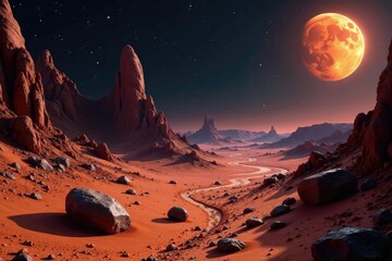 Dark Martian surface with twisted rock formations, space rocks, outer space