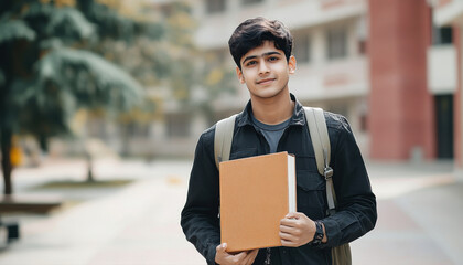 young indian college boy holding book at college campus