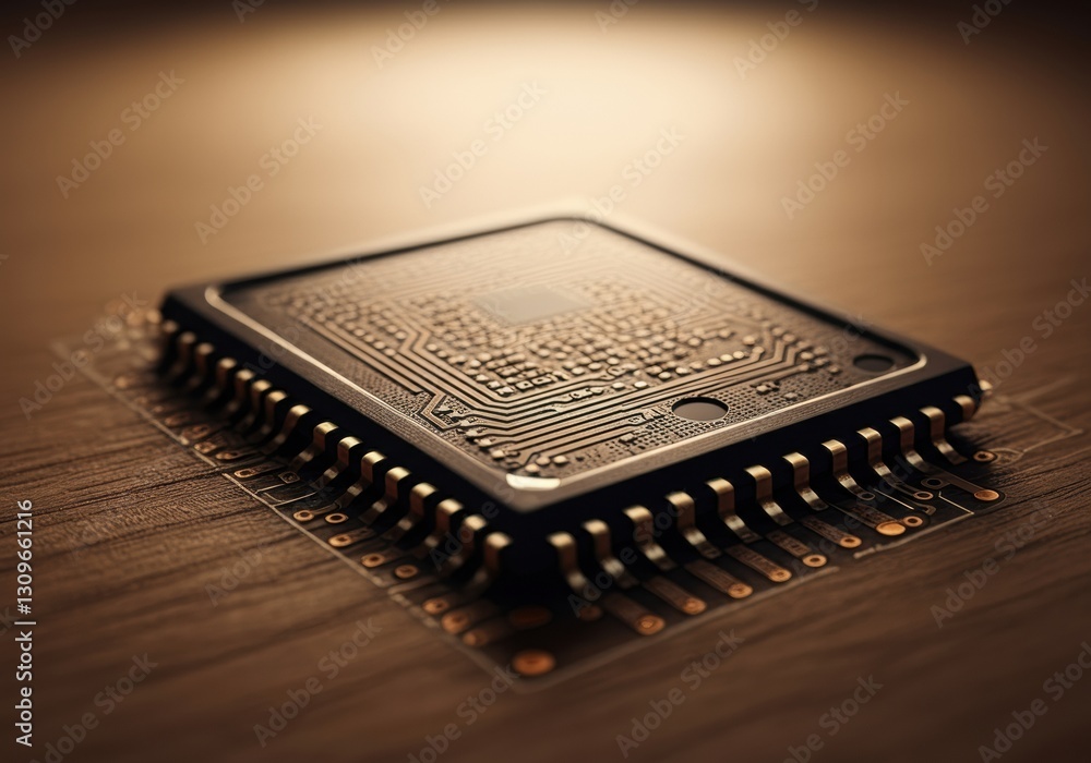 Poster close-up of a microchip showcasing intricate circuit design and details