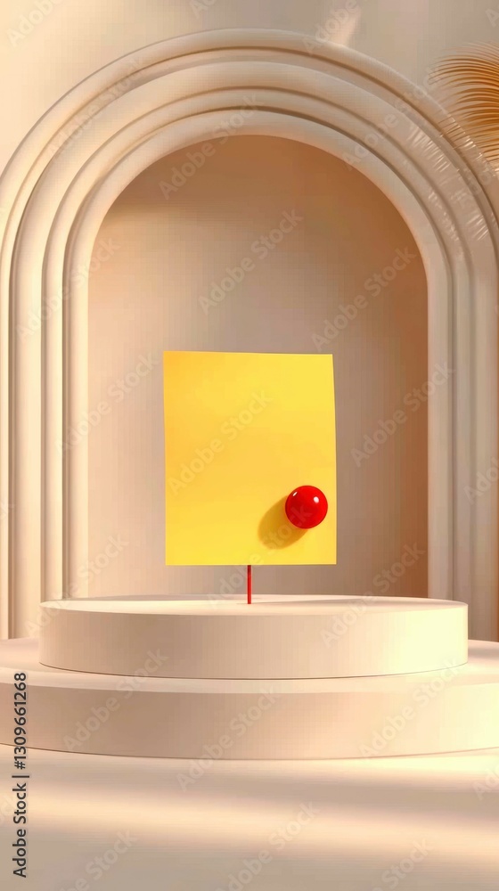 Poster abstract minimalist display with yellow note and red sphere on neutral podium scene backdrop