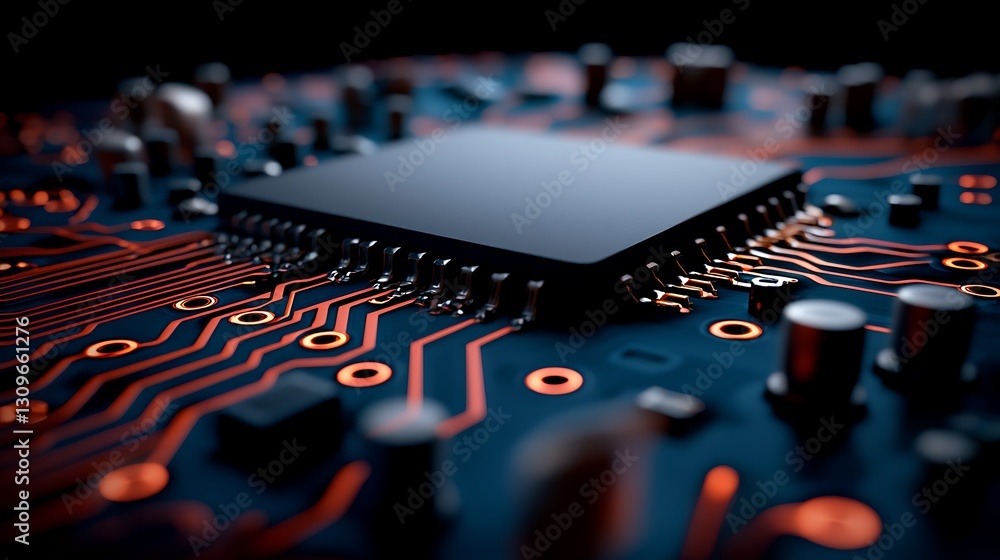 Poster close-up view of a microchip on a circuit board with intricate patterns and glowing connections