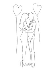 One line drawing couple kissing, balloons