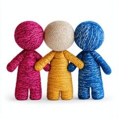 Playful collection of three adorable knit dolls with colorful outfits and distinctive features displayed on a soft surface