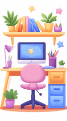 Cozy workspace with desk, chair, computer, books, plants, and stationery