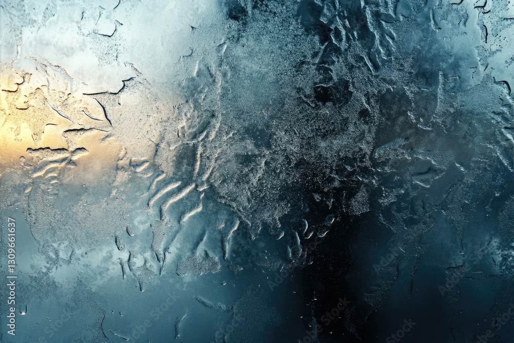 Poster frost patterns on a windowpane, illuminated by a warm sunset glow, creating a beautiful, cold textur