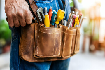 Craftsman with well-worn leather tool belt holding various hand tools