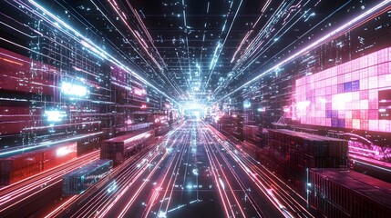 Obraz premium Visualization of a Futuristic Logistics Network with Digital Hologram of Cargo Ships and Global Trade Routes This abstract digital art image depicts a complex logistics network with ships routes