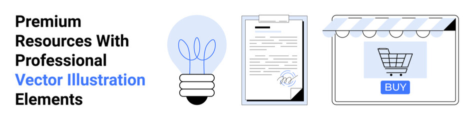 Light bulb for ideas, signed document symbolizing agreement, shopping cart in online storefront. Ideal for creativity, contracts, business, innovation, e-commerce, marketing flat landing page banner
