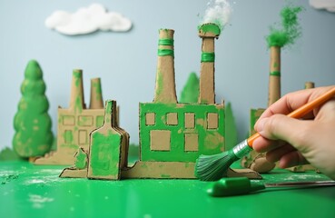 Cardboard factory painted with green color. Conceptual greenwashing image demonstrates environmental claim manipulation, critic, deception. Eco awareness, false marketing strategy concept. Brush in