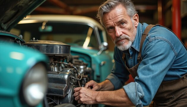 Mechanic repairs classic car in garage. Elderly man works on vintage vehicle engine. Blue retro automobile, automotive restoration service, car maintenance in local workshop, mechanical labor. Manual