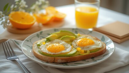  Toast with avocado and fried eggs served with orange slices and juice for a refreshing breakfast
