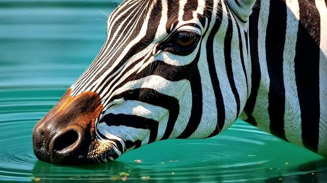 Close-up of a zebra standing in river and drinking water on warm day