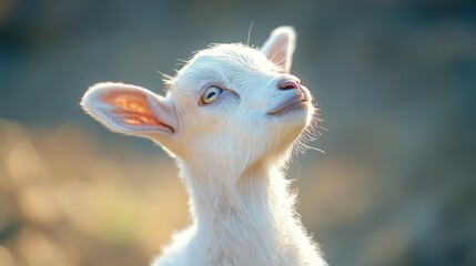 Intense gaze meets you with a tilt; a snowy-white goat's visage, ears perked, captures serenity in contrast. Textured fur adds depth as eyes shimmer with curiosity