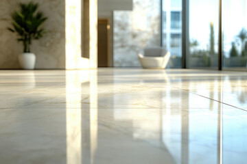 Fototapeta premium Reflective polished floor in a modern lobby with sunlight streaming through large windows, creating a bright and airy atmosphere.