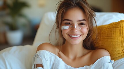 A smiling woman with long, dark hair shows her bare arm, revealing a decorative Band-Aid on her shoulder.