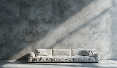 Modern minimalist living room with a light beige sectional sofa against a textured concrete wall, bathed in natural sunlight.