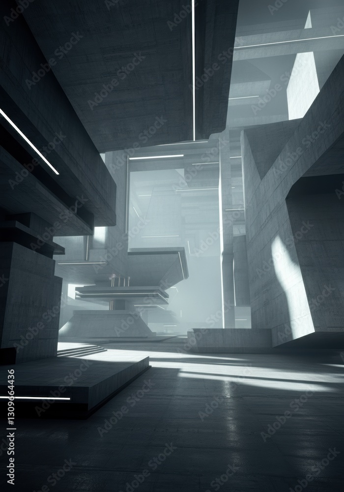 Poster abstract architectural space with geometric concrete structures and soft lighting