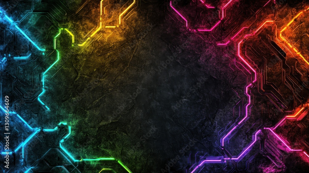 Poster a rough background with neon circuit lines glowing in various colors, offering a clean area in the c