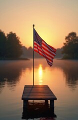 American flag waving on sunset lake background. USA holiday concept for 4th july, patriotic memorial, labour day celebration. Democracy, freedom, glory and pride symbol at sunrise reflecting in water.