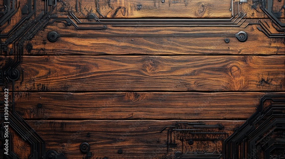 Poster cyberpunk circuit style wood surface embedded tech pattern, with blank part for mockup background wa