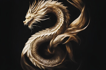 Fototapeta premium A stunning image of a golden dragon against a black background, capturing its majestic and mythical presence in a bold and striking design