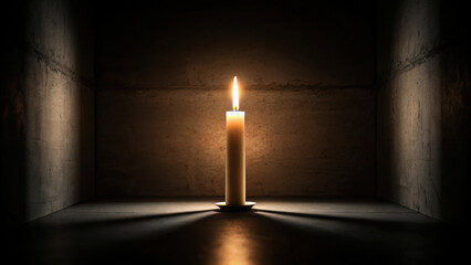 single candle burns softly in dark space, casting gentle shadows