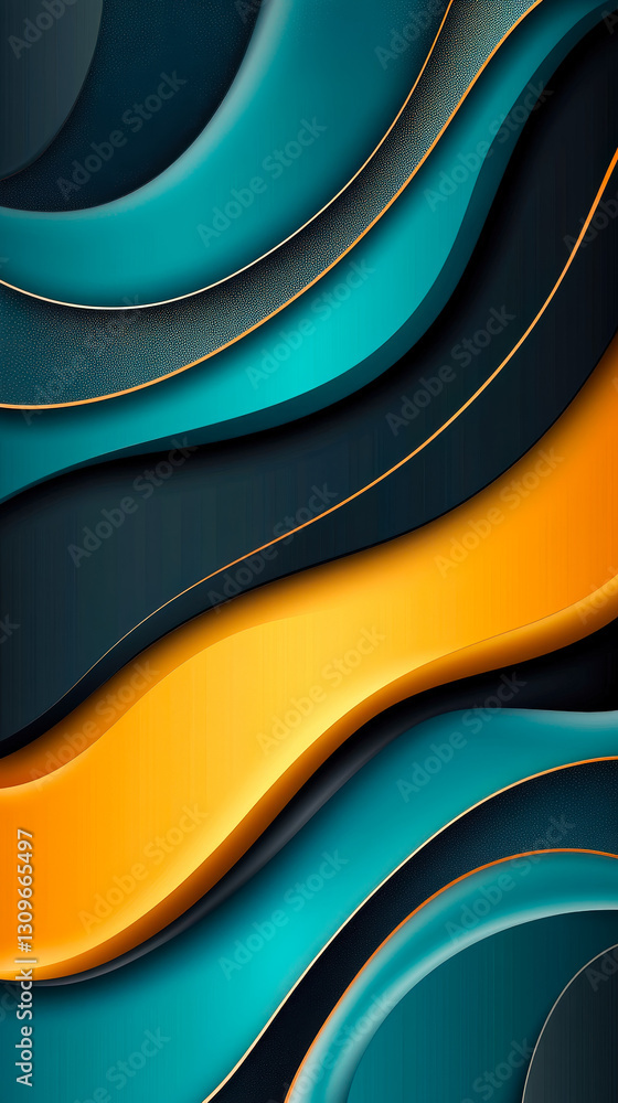 Aufkleber Bright orange and teal waves intertwine against a dark backdrop, creating a striking abstract pattern with smooth curves and textures