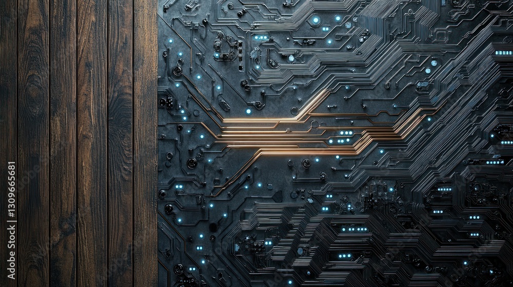 Poster a futuristic wood metal hybrid panel with circuit veins pulsating in soft blue, with open space on t