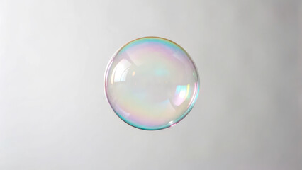 single floating soap bubble against plain background, showcasing its delicate structure and iridescent surface