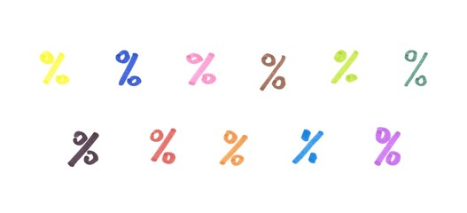 Percent Symbol Set, Hand-drawn Colorful Marker Glyphs on White Background