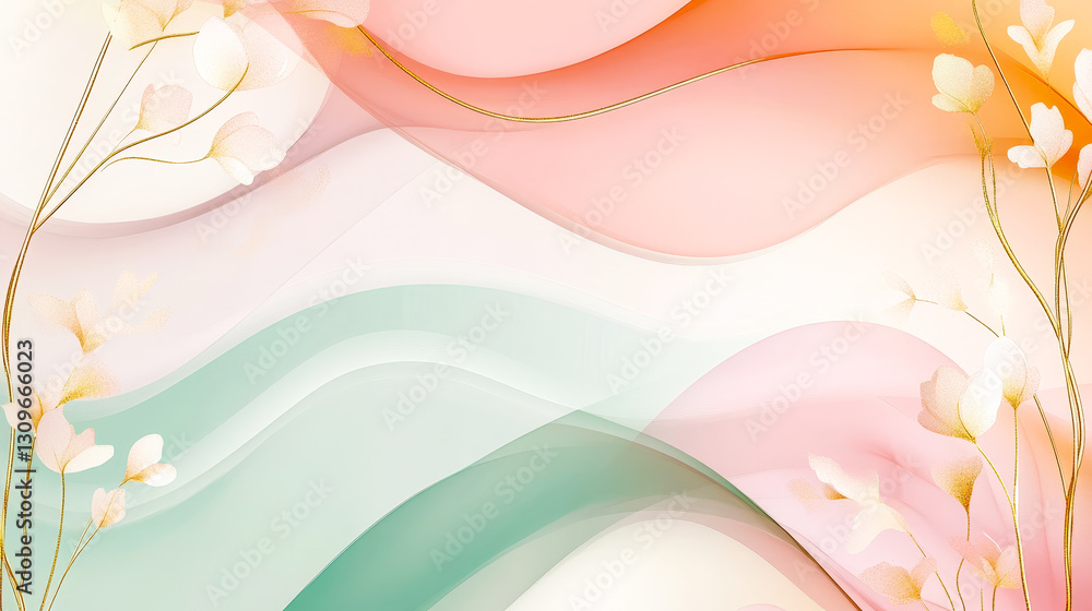 Poster Delicate floral patterns blend with soft pastel waves, creating a serene and elegant backdrop suitable for various decorative uses