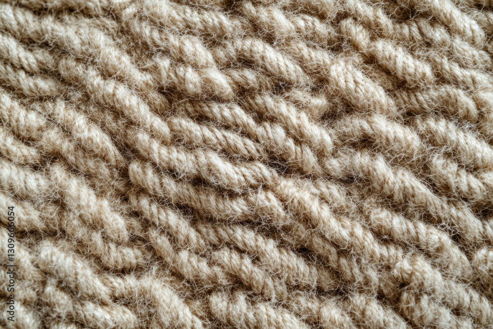 Poster close-up of beige knitted fabric showing textured yarn and stitch pattern.