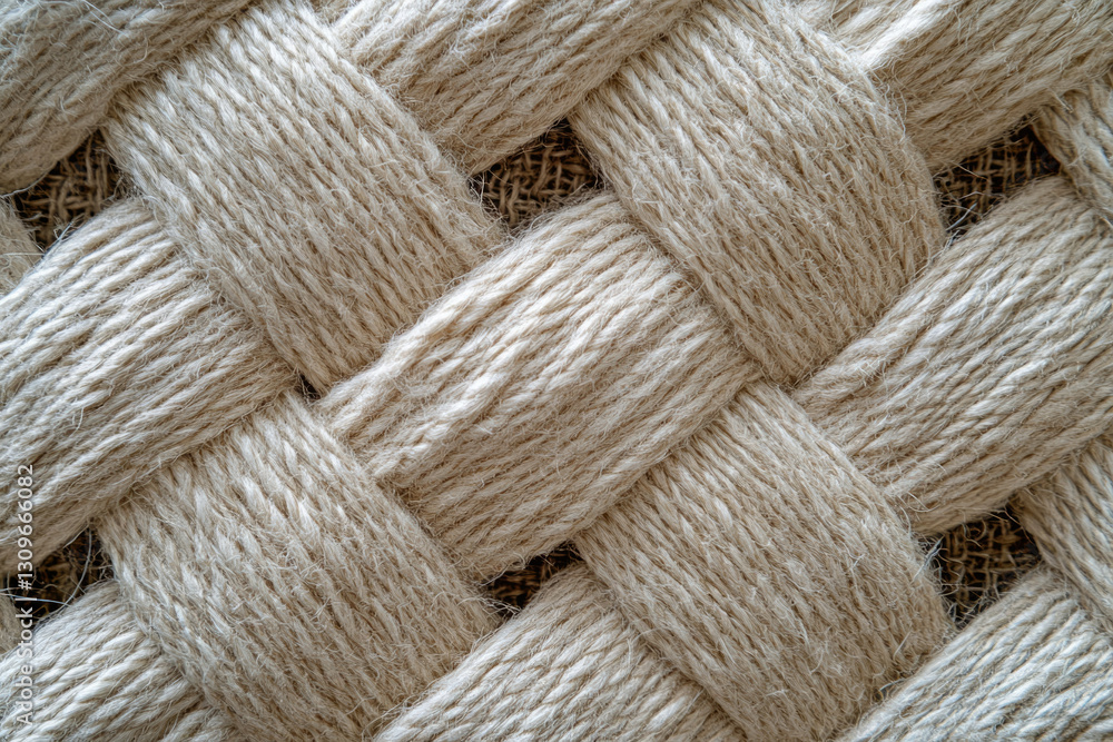 Poster Close-up of intricately woven beige yarn, creating a textured fabric with a complex pattern.