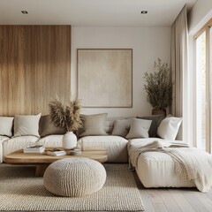 A modern living room space with neutral tones and natural elements