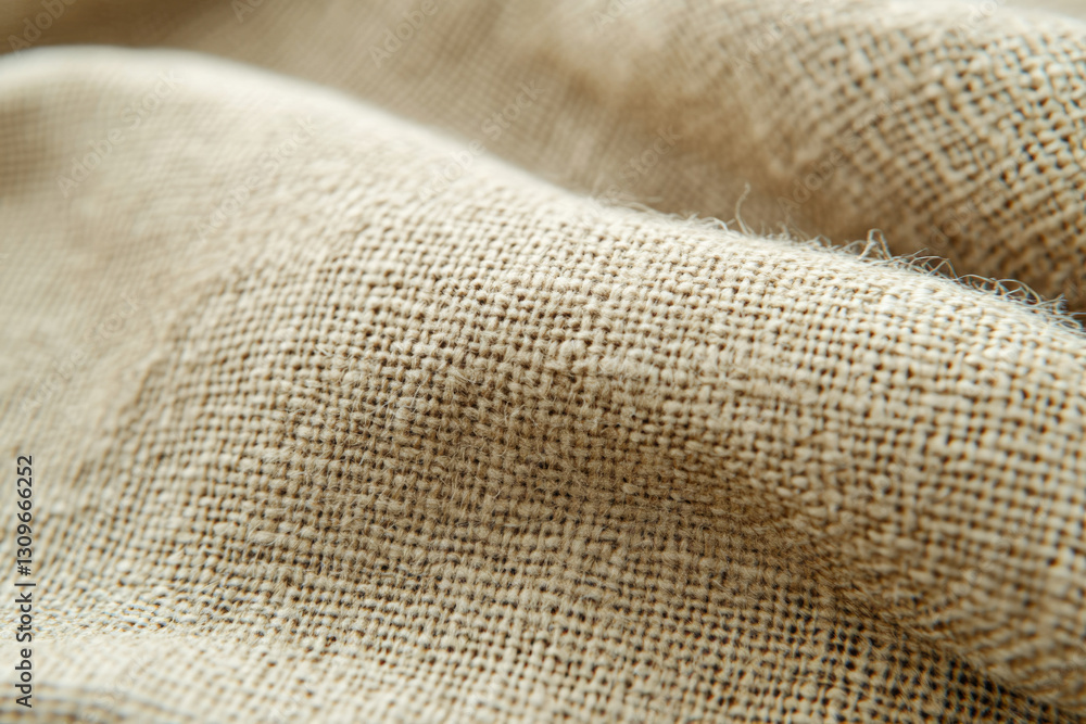 Poster close-up view of textured beige linen fabric, showcasing its woven structure and natural fibers.