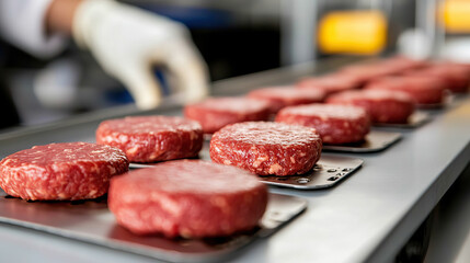 Fresh beef patties prepared on production line in food processing factory